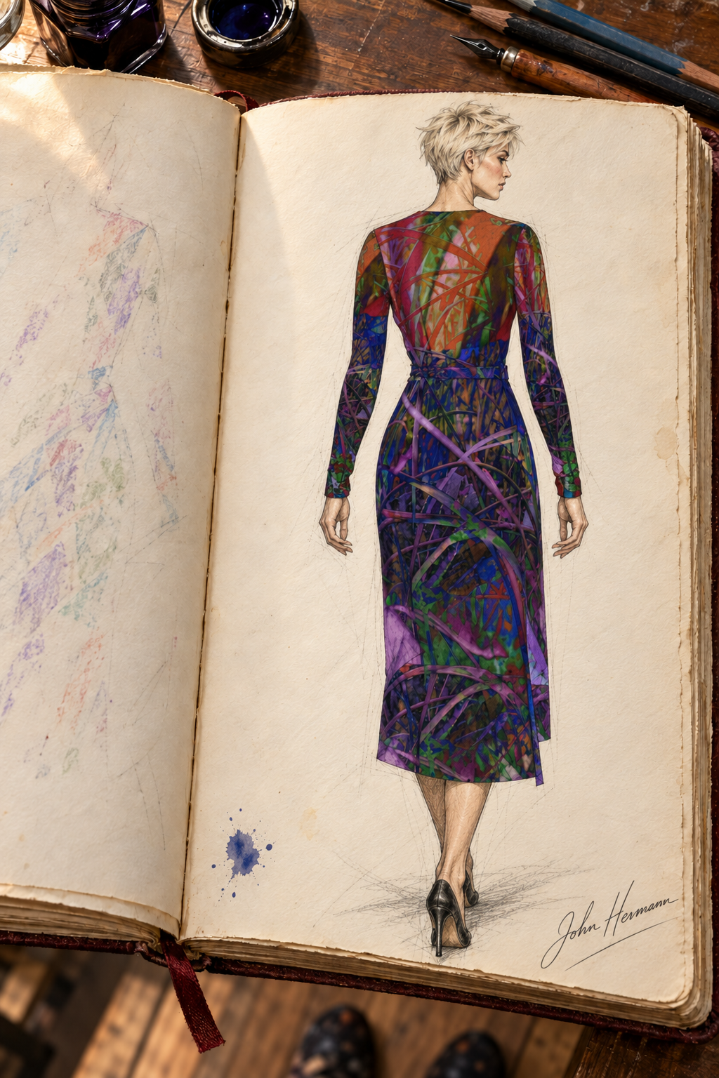 Metroid Prime Calf or Below length Long Wrap Dress — hand-drawn designer Handbook, back full, Long length.