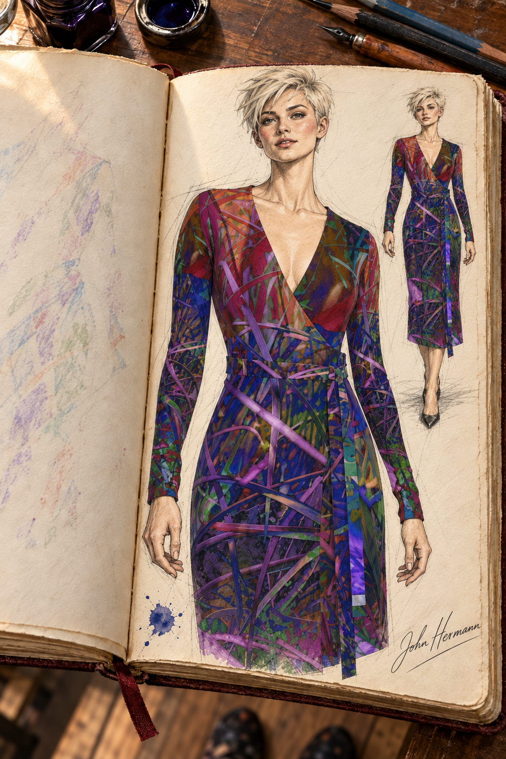 Metroid Prime Calf or Below length Long Wrap Dress — hand-drawn designer Handbook, front wrap tie, Long length.