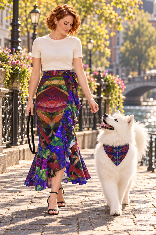 Metroid Prime long flounce skirt — Owner and Samoyed companion cover; multicolor angular artwork, patterned cascade, side tie and long asymmetrical hem