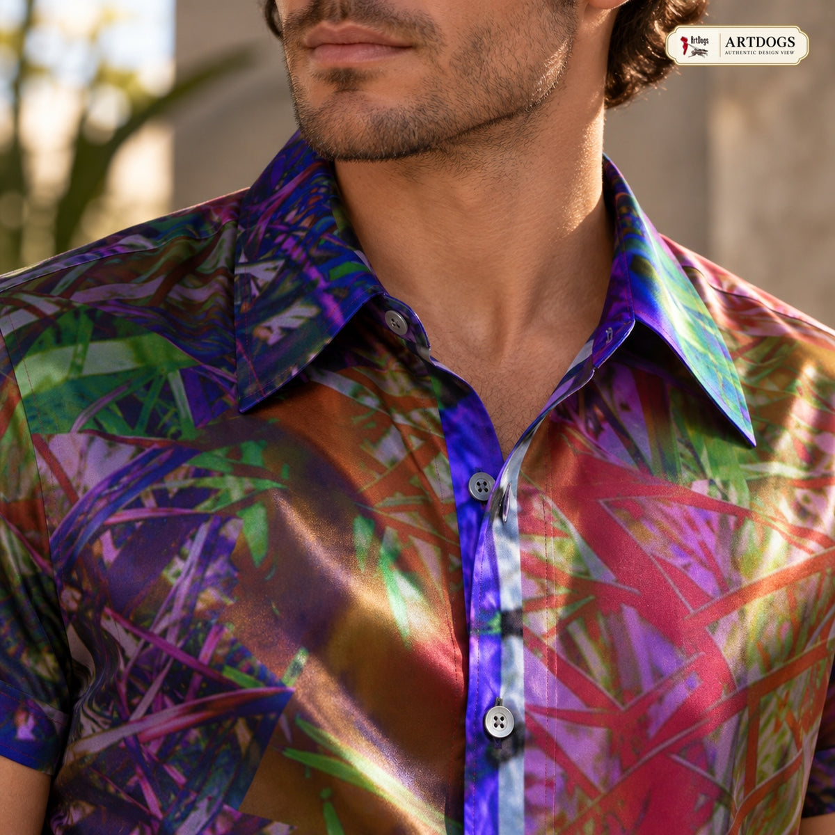 ARTDOGS Authentic Design View of Metroid Prime men's short sleeve shirt — worn front collar and upper placket construction
