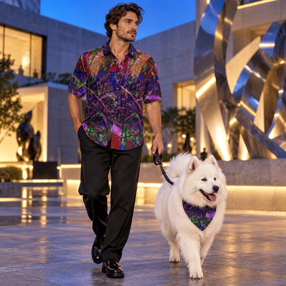 Man wearing Metroid Prime ArtDogs men's short sleeve shirt walking with a Samoyed in a matching bandana