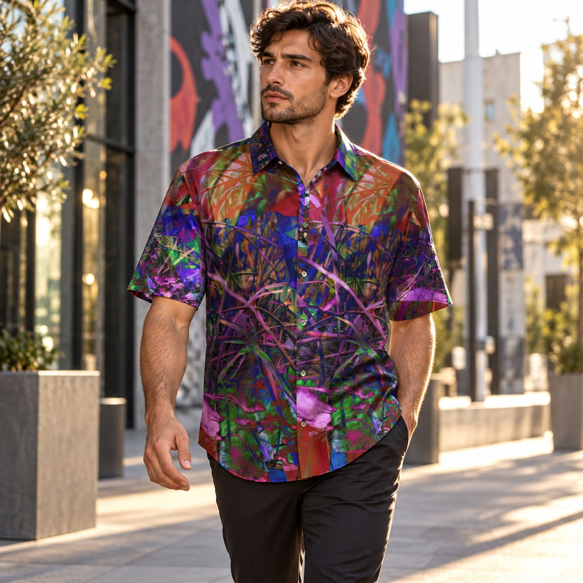 Man wearing Metroid Prime ArtDogs men's short sleeve shirt in a contemporary city arts district