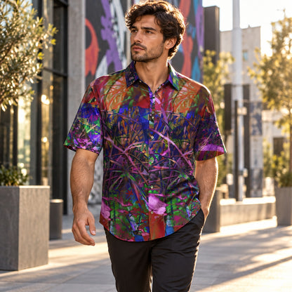 Man wearing Metroid Prime ArtDogs men's short sleeve shirt in a contemporary city arts district