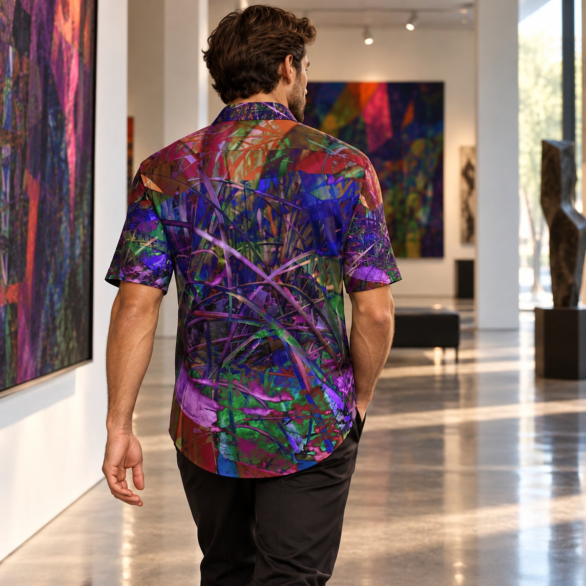 Back view of man wearing Metroid Prime ArtDogs men's short sleeve shirt in a modern gallery