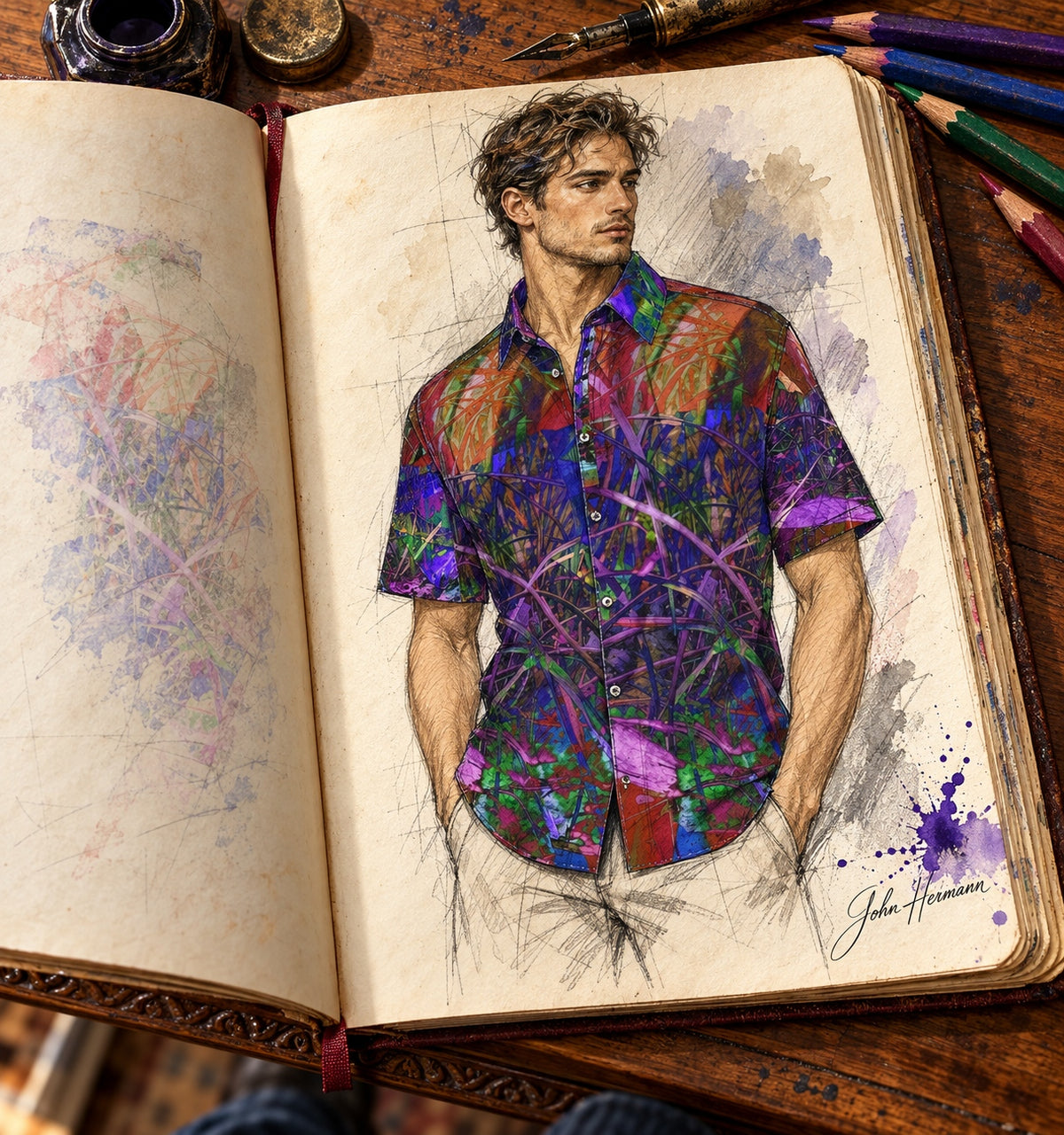 ArtDogs Handbook designer sketch of Metroid Prime men's short sleeve shirt — straight full front