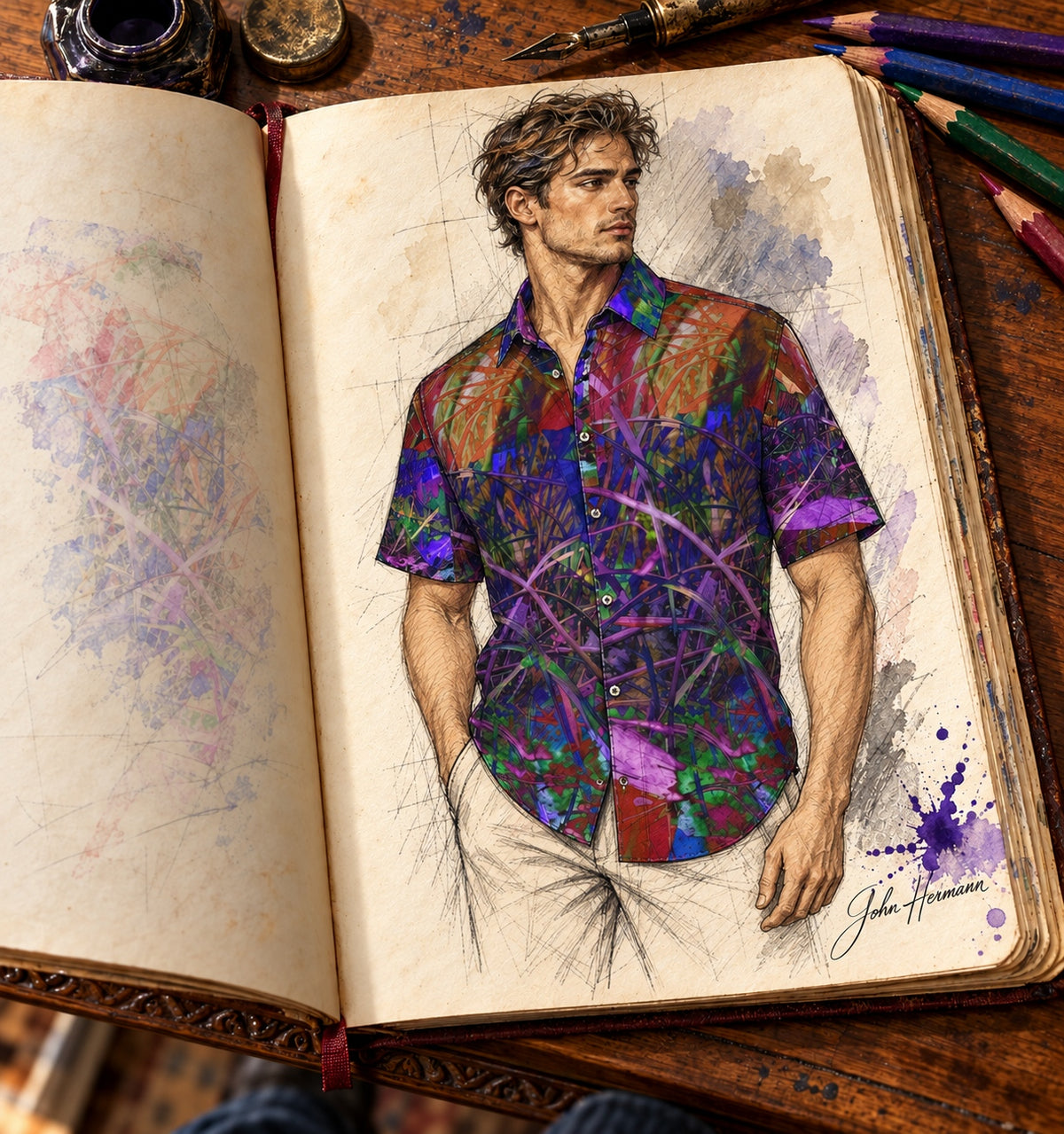 ArtDogs Handbook designer sketch of Metroid Prime men's short sleeve shirt — front three-quarter