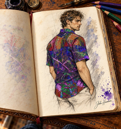 ArtDogs Handbook designer sketch of Metroid Prime men's short sleeve shirt — right three-quarter/profile