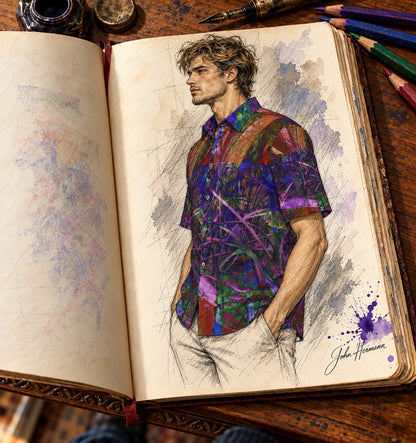 ArtDogs Handbook designer sketch of Metroid Prime men's short sleeve shirt — left three-quarter/profile