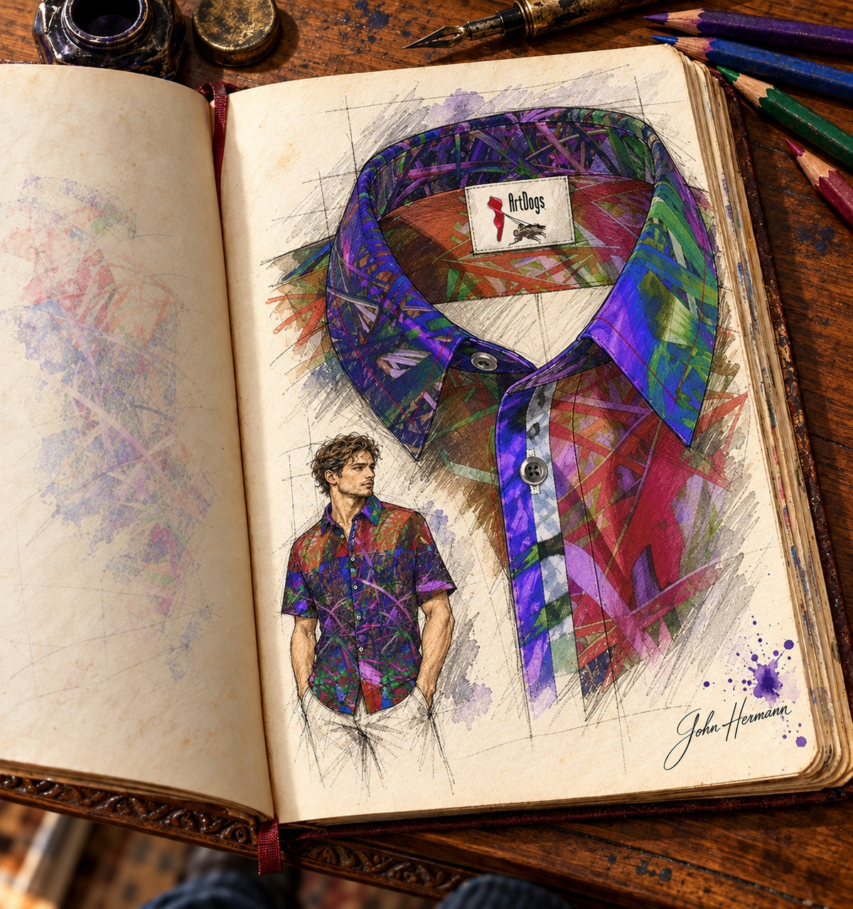 ArtDogs Handbook designer sketch of Metroid Prime men's short sleeve shirt — worn front collar and upper placket construction