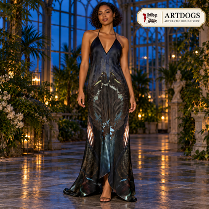 Peacock Feathers Halterneck backless dress — Authentic front