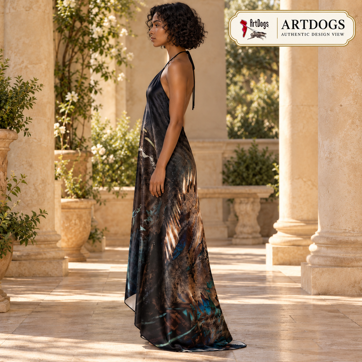 Peacock Feathers Halterneck backless dress — Authentic left