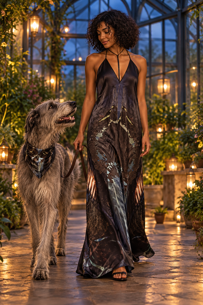 Peacock Feathers Halterneck backless dress — Fashion owner-and-dog