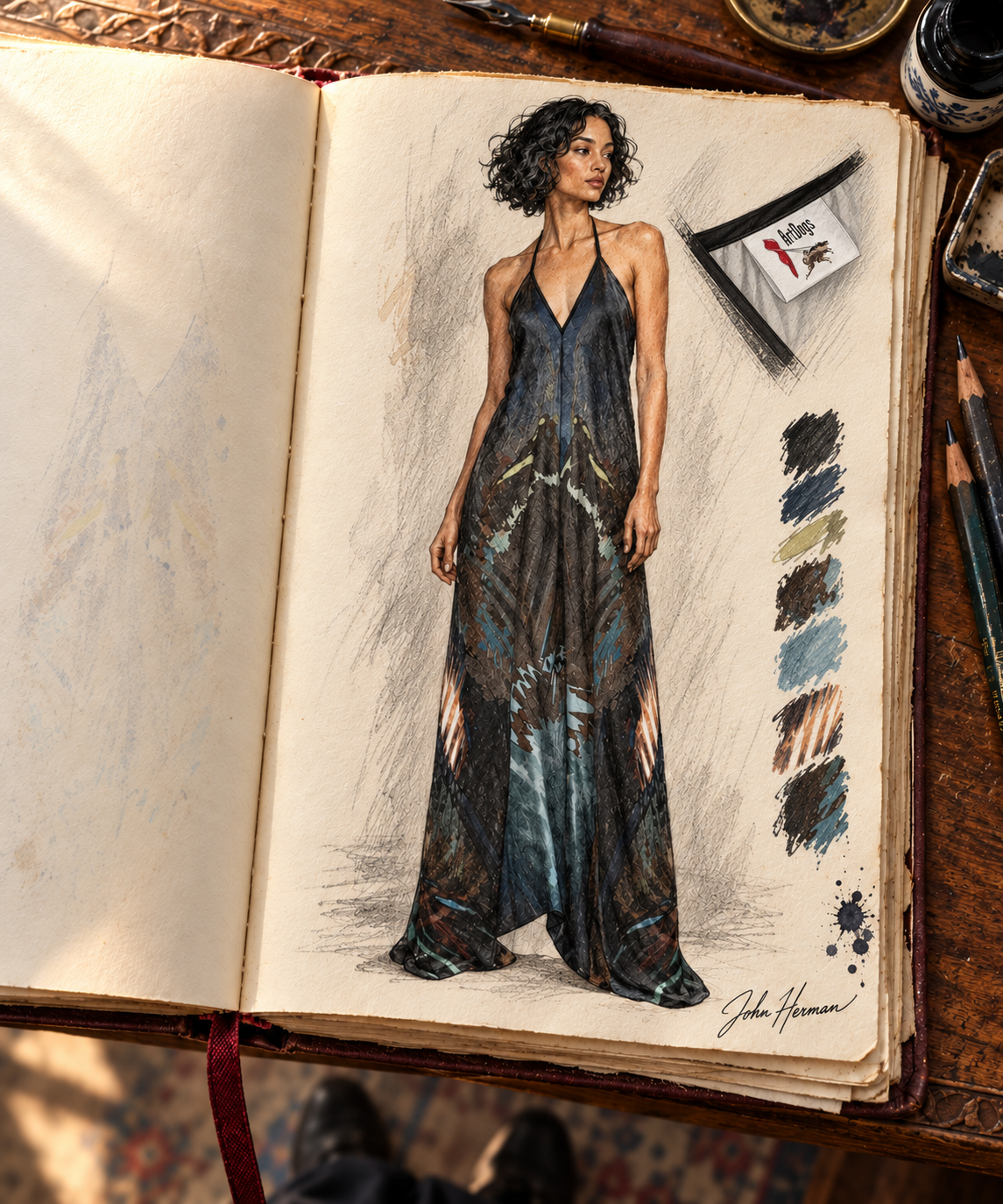 Peacock Feathers Halterneck backless dress — Handbook fabric-label-detail
