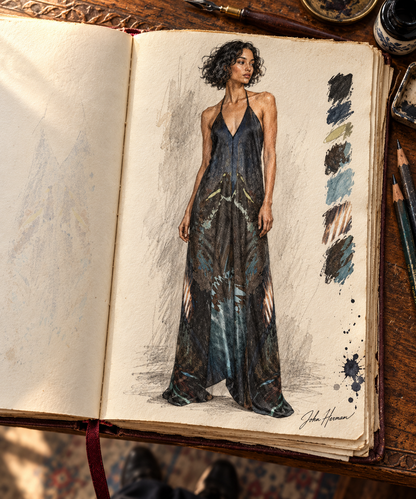 Peacock Feathers Halterneck backless dress — Handbook front