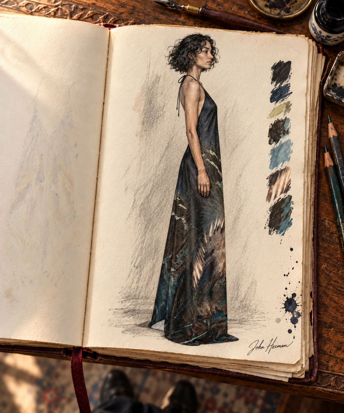 Peacock Feathers Halterneck backless dress — Handbook left
