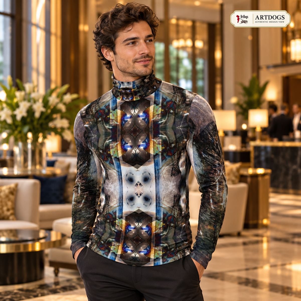 Peacock Feathers men's slim fit roll neck — Authentic Design View alternate front