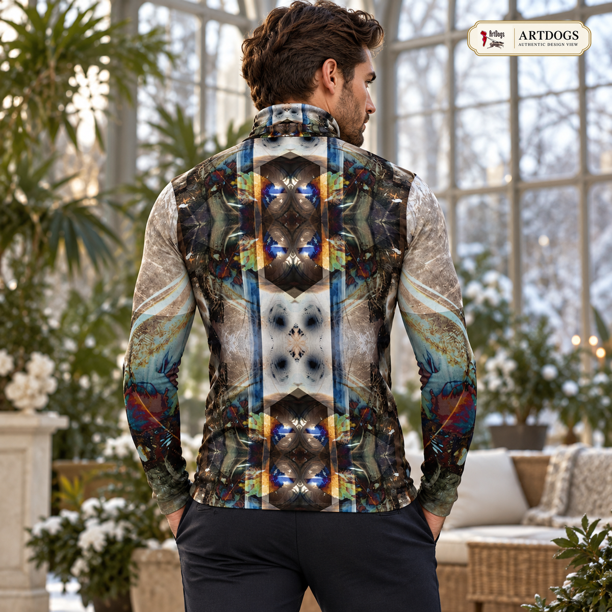 Peacock Feathers men's slim fit roll neck — Authentic Design View full back
