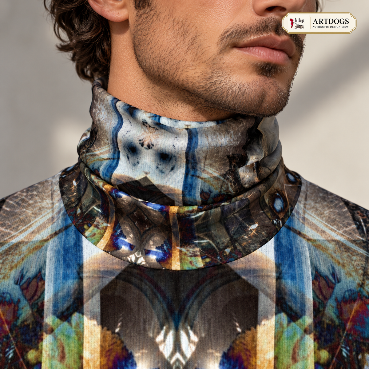 Peacock Feathers men's slim fit roll neck — Authentic Design View collar construction