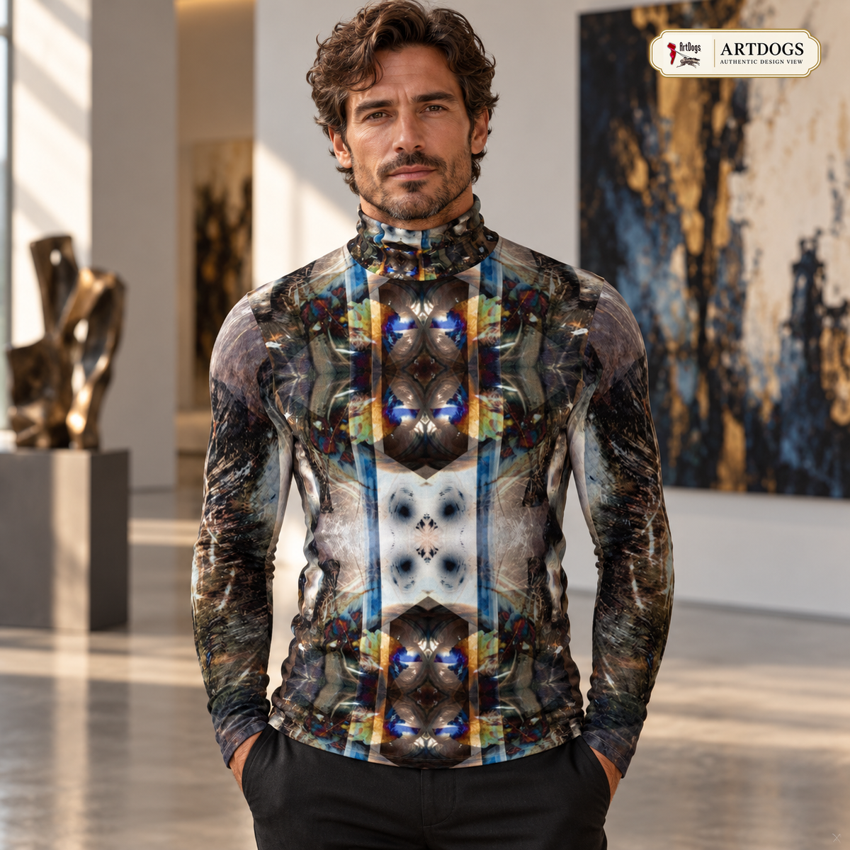 Peacock Feathers men's slim fit roll neck — Authentic Design View front