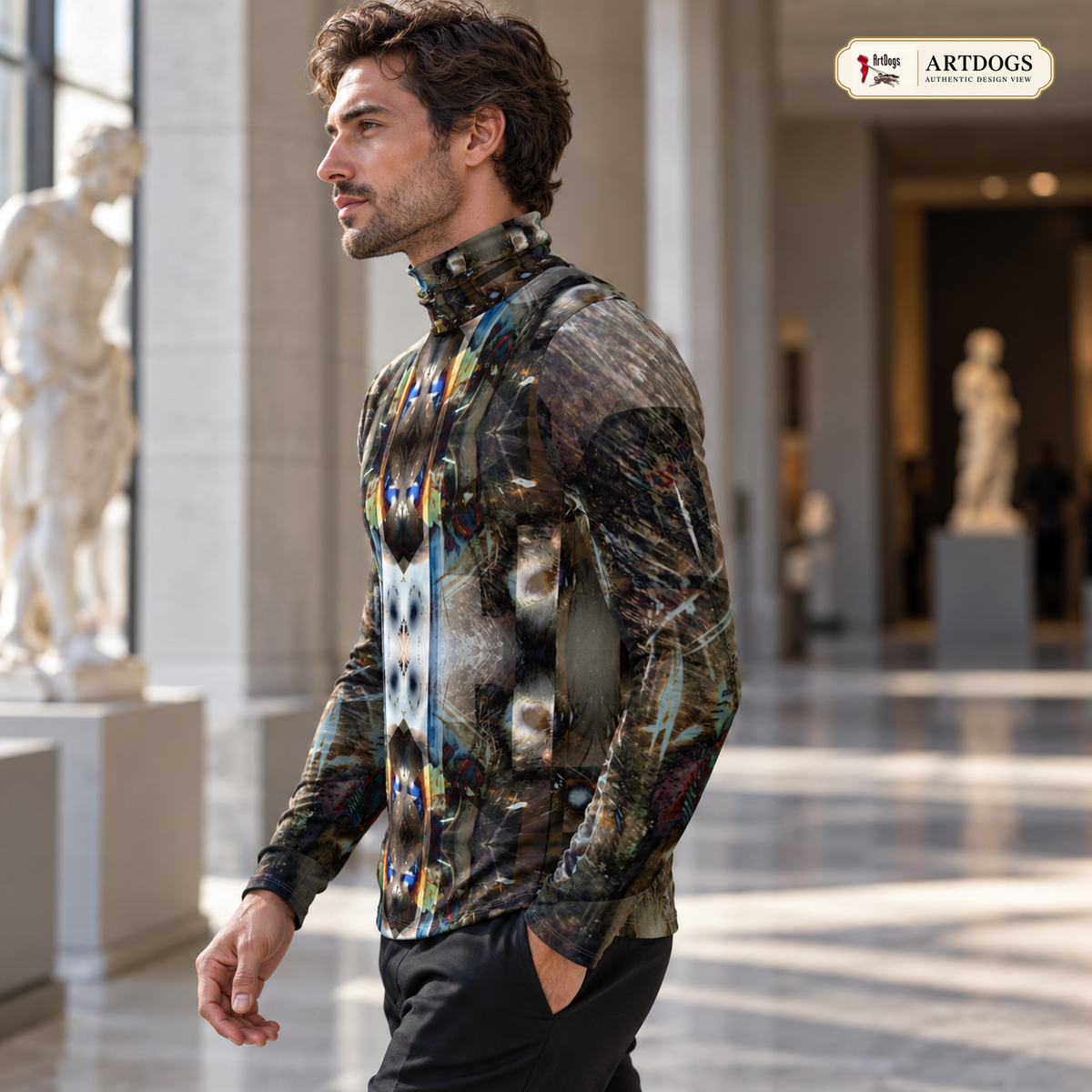 Peacock Feathers men's slim fit roll neck — Authentic Design View left profile