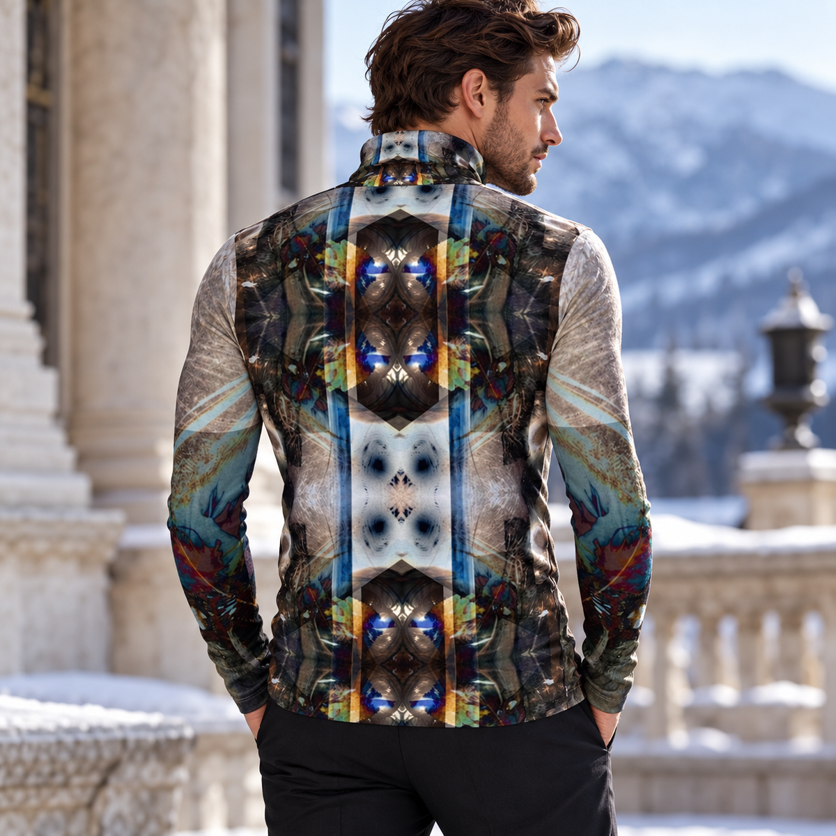 Peacock Feathers men's slim fit roll neck — winter back fashion photograph