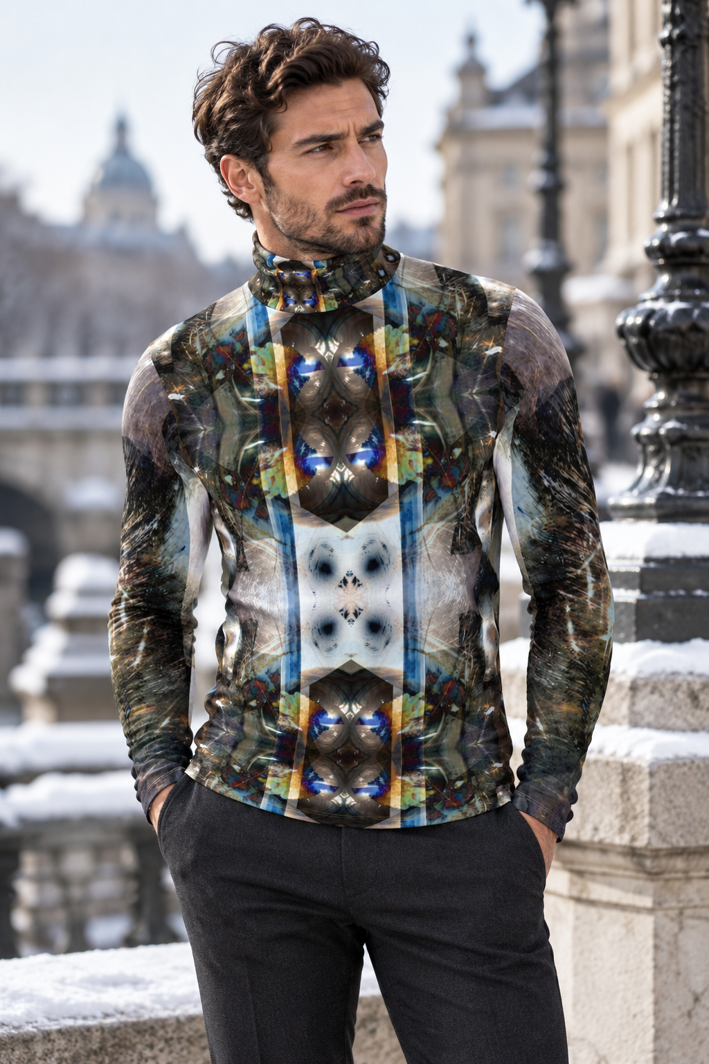 Peacock Feathers men's slim fit roll neck — winter front fashion photograph