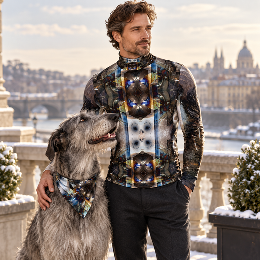 Peacock Feathers men's slim fit roll neck — owner with Irish Wolfhound