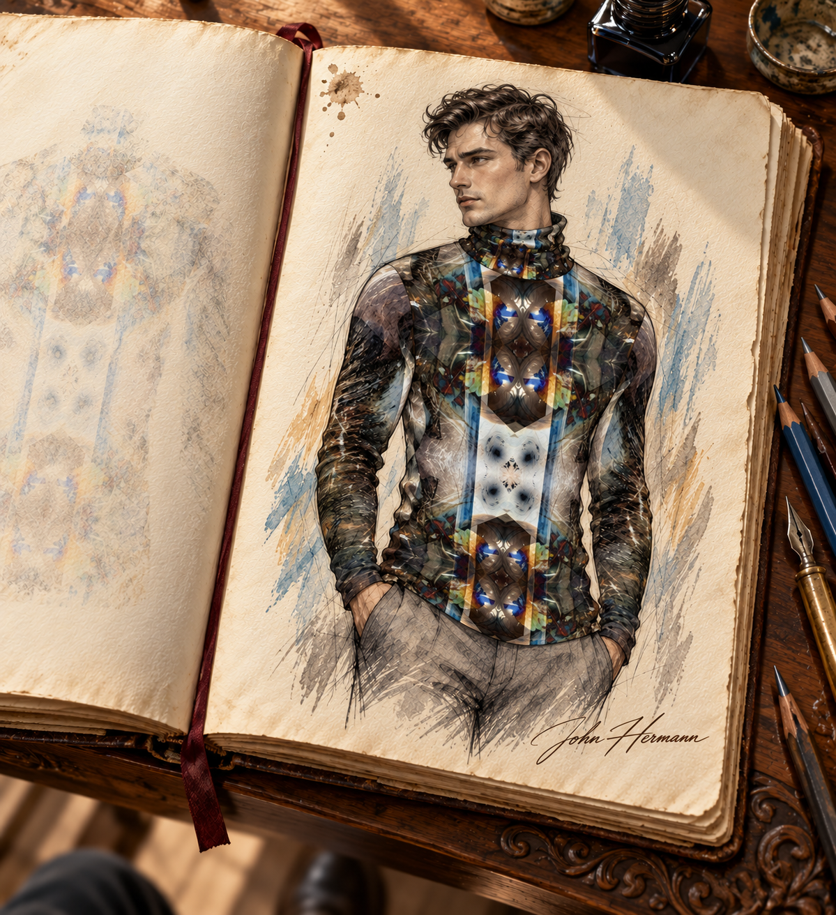 Peacock Feathers men's slim fit roll neck — Handbook alternate front