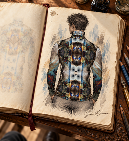 Peacock Feathers men's slim fit roll neck — Handbook full back