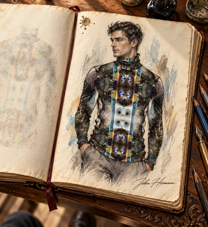 Peacock Feathers men's slim fit roll neck — Handbook front