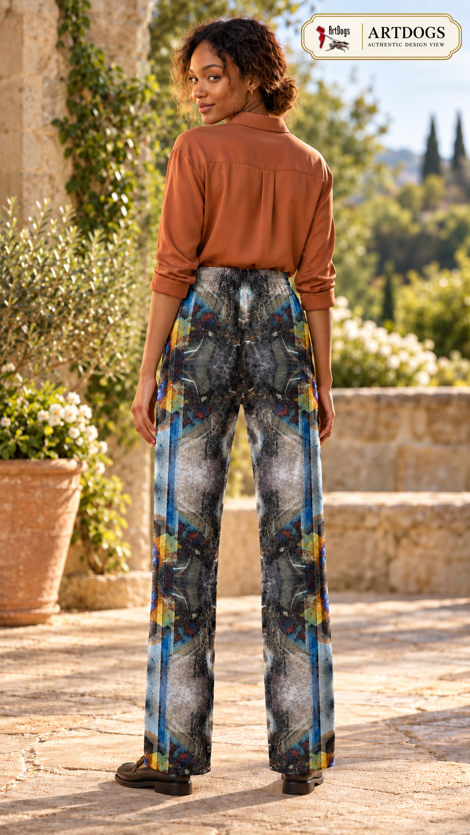 Peacock Feathers Women's Trousers — Authentic Design View back; crushed velour