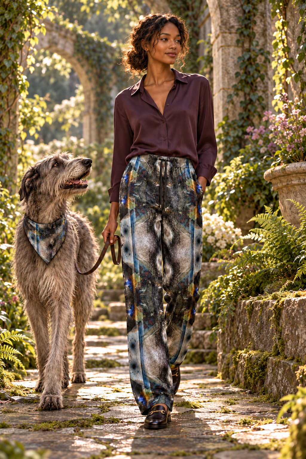 Peacock Feathers Women's Trousers — Fashion owner-and-dog; crushed velour