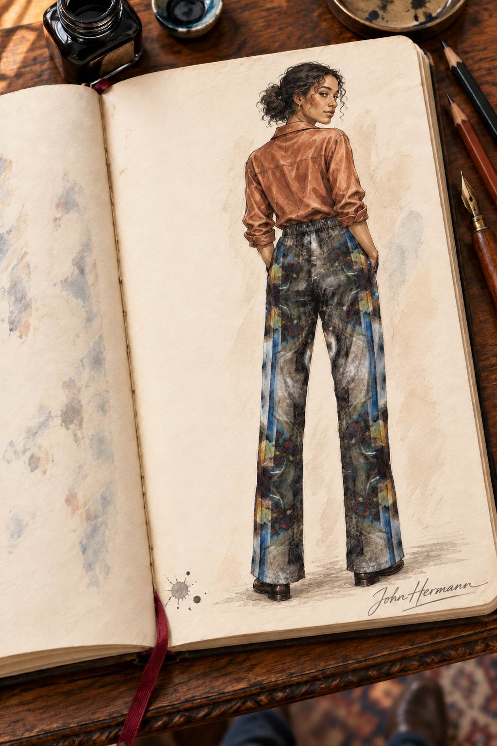 Peacock Feathers Women's Trousers — Handbook back; crushed velour