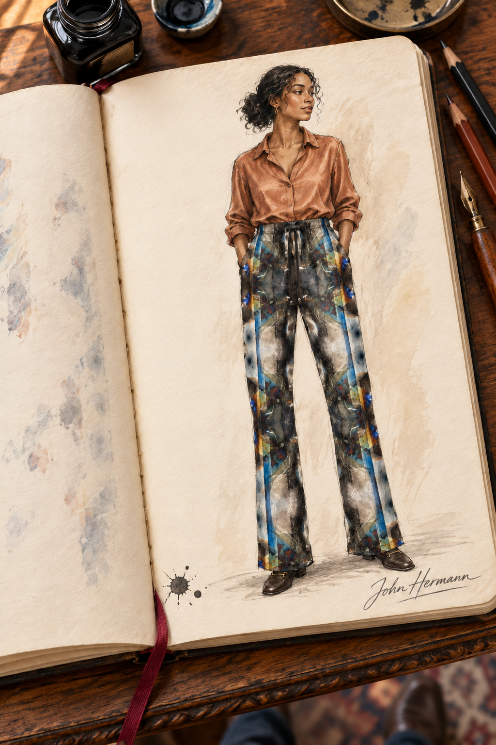 Peacock Feathers Women's Trousers — Handbook front; crushed velour