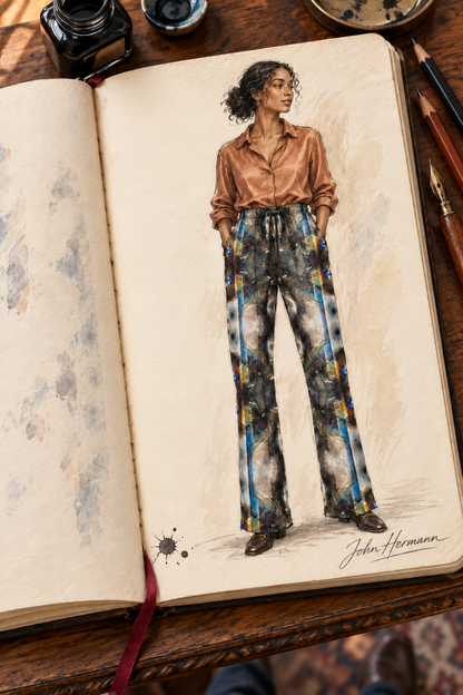 Peacock Feathers Women's Trousers — Handbook front; crushed velour