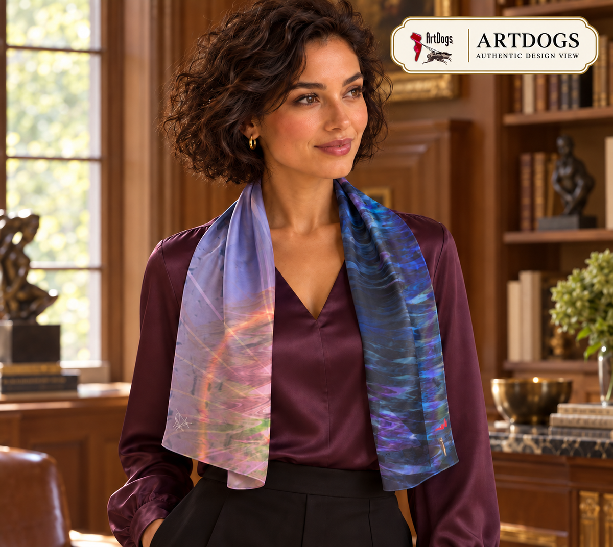 Rainbow Daze Lower long scarf — Authentic Design View in silk charmeuse — loose drape