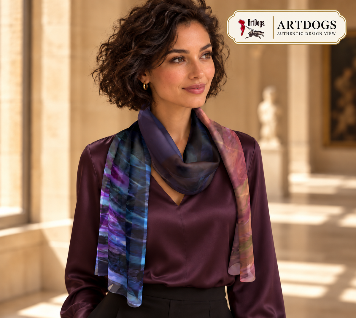 Rainbow Daze Lower long scarf — Authentic Design View in silk charmeuse — neck wrap 16x72