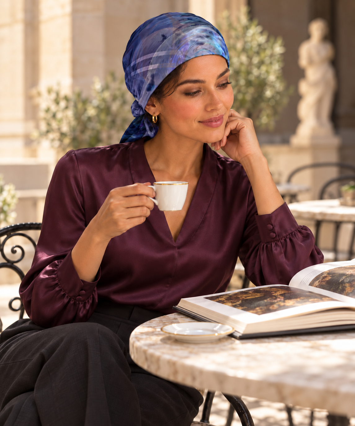 Rainbow Daze Lower long scarf — fashion photograph — cafe head wrap