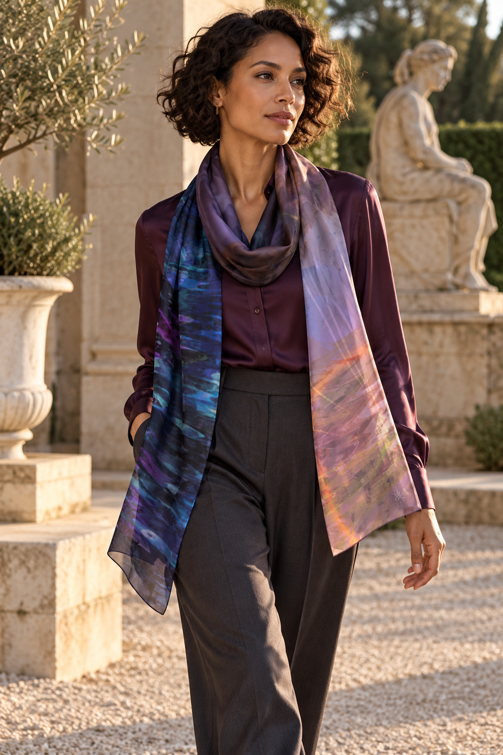 Rainbow Daze Lower long scarf — fashion photograph — garden neck wrap