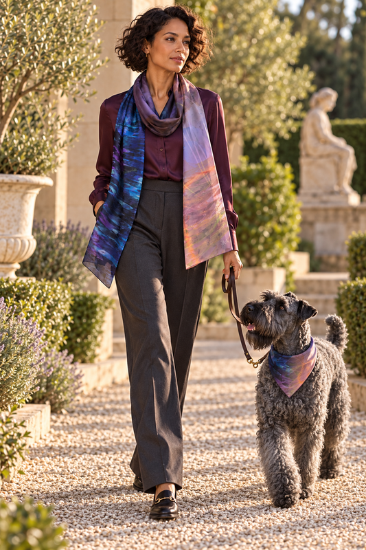 Rainbow Daze Lower long scarf — fashion photograph — owner and kerry blue terrier