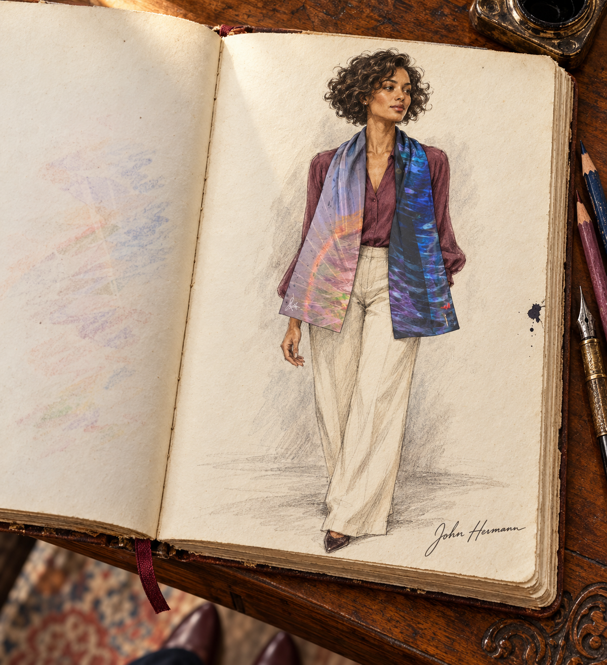Rainbow Daze Lower long scarf — hand-drawn designer Handbook page — loose drape