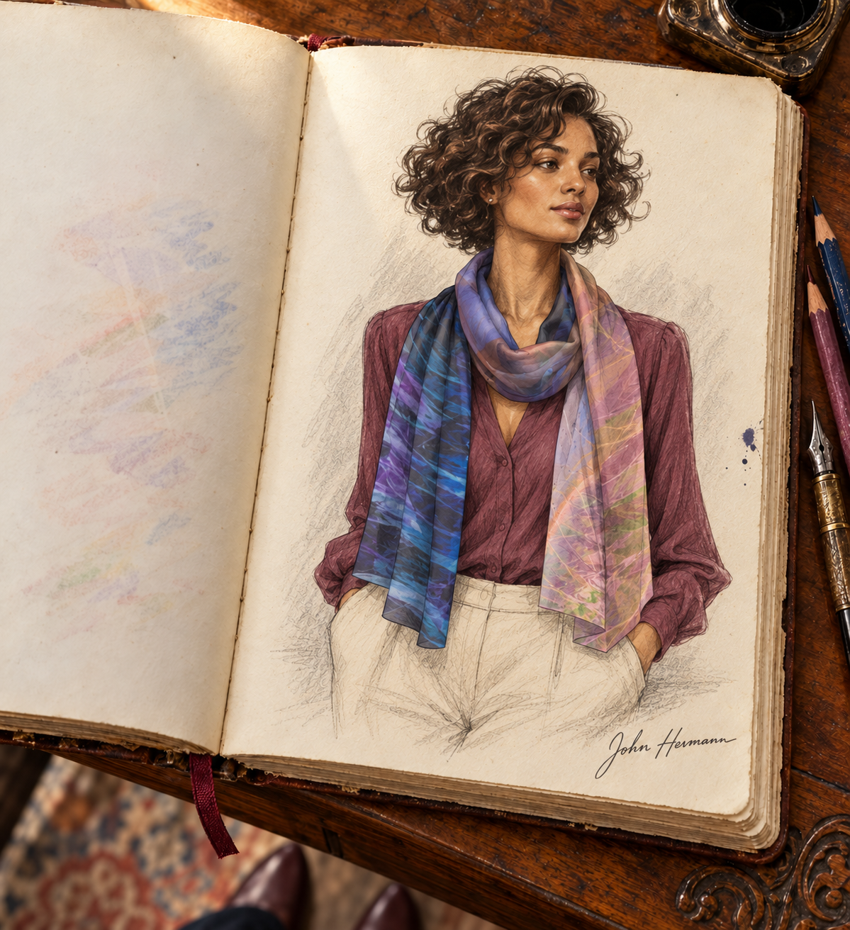 Rainbow Daze Lower long scarf — hand-drawn designer Handbook page — neck wrap 16x72