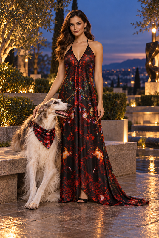 Resolving Ire Halterneck backless dress — Fashion owner and adult cream-and-sable Borzoi companion