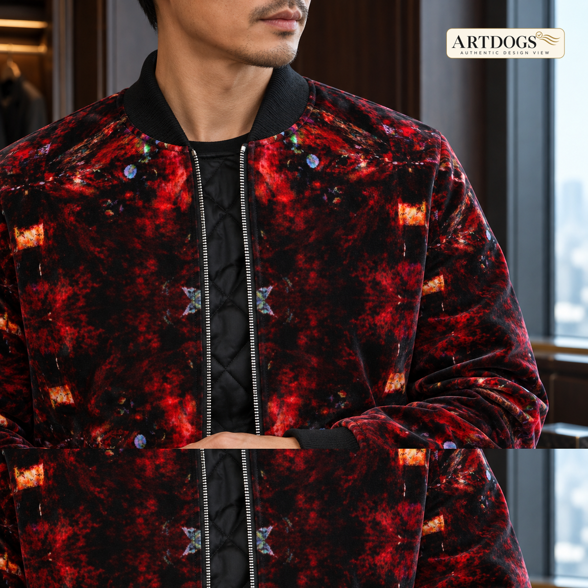 Resolving Ire men's bomber jacket Authentic Design View collar and construction detail