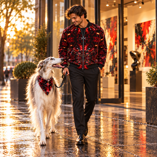 Resolving Ire men's bomber jacket owner with Borzoi wearing matching scarf