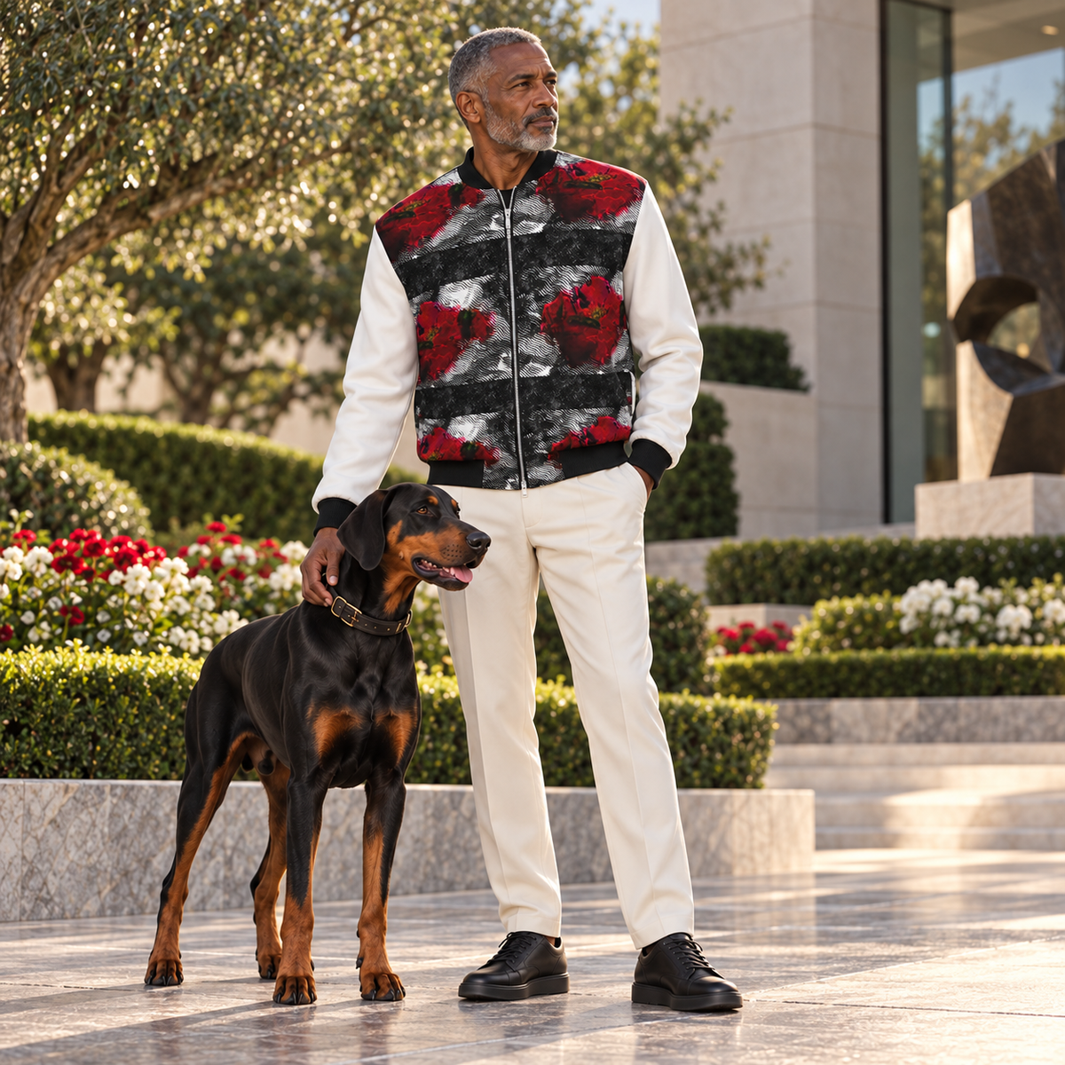 Rose of Pain and Joy 2 Men's Bomber Jacket — owner with registered natural-eared Doberman companion
