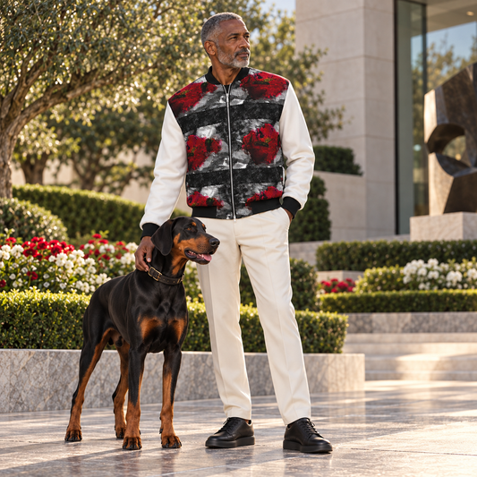 Rose of Pain and Joy 2 Men's Bomber Jacket — owner with registered natural-eared Doberman companion