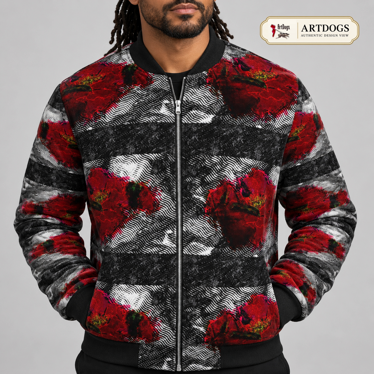 Rose of Pain and Joy Men's Bomber Jacket — Authentic Design View worn close-up