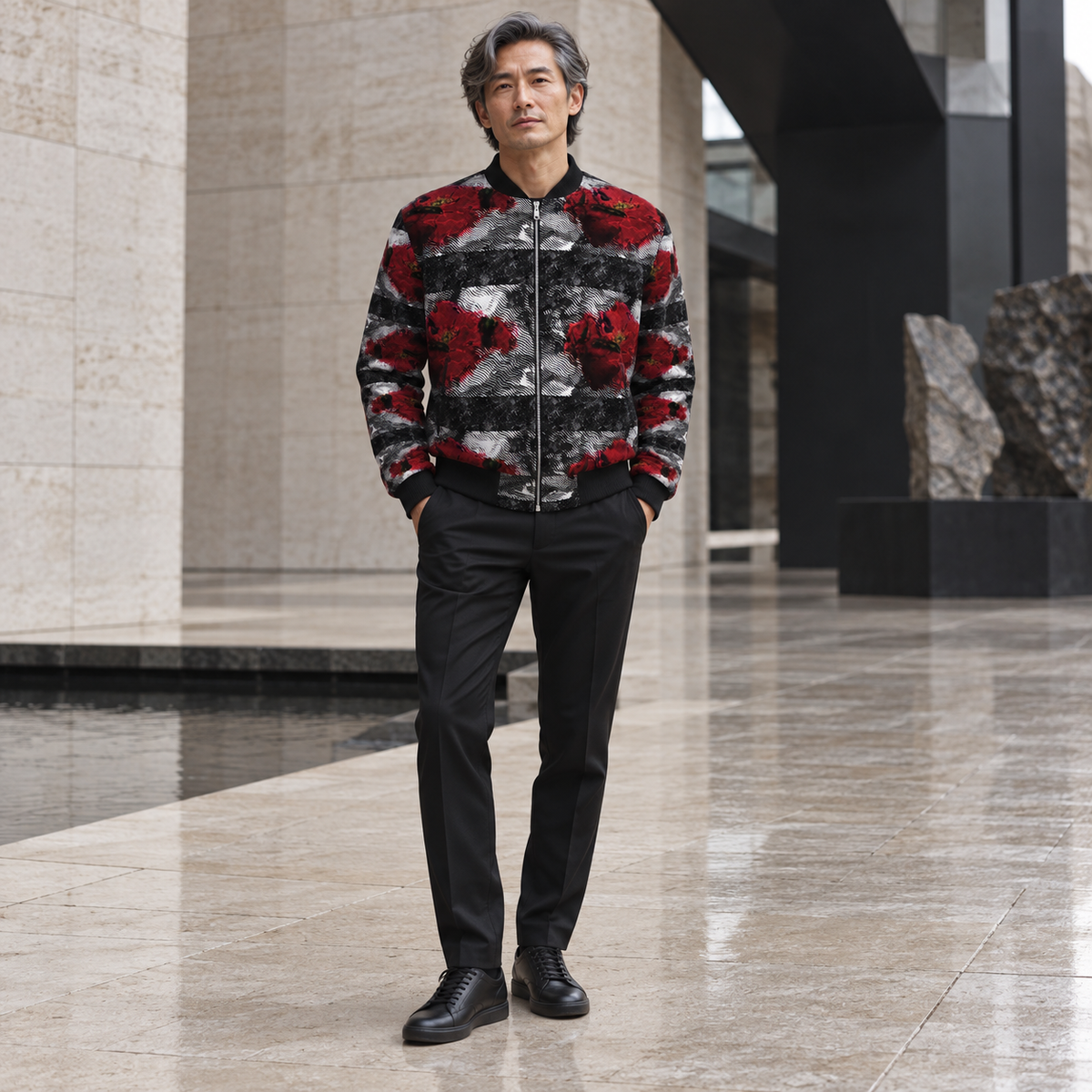 Rose of Pain and Joy Men's Bomber Jacket — photorealistic fashion front view