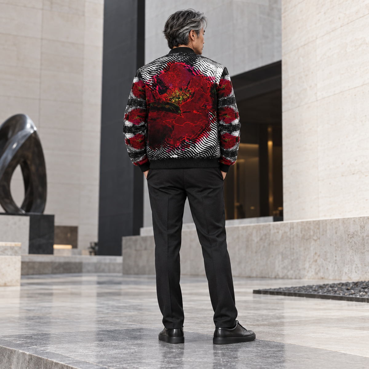 Rose of Pain and Joy Men's Bomber Jacket — photorealistic fashion back view